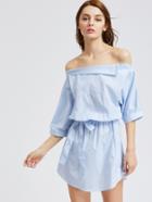 Shein Boat Neckline Elbow Sleeve Pinstrip Dress With Self Tie