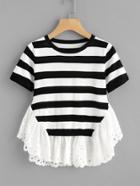 Shein Contrast Eyelet Embroidered Frill Hem Striped Sweater