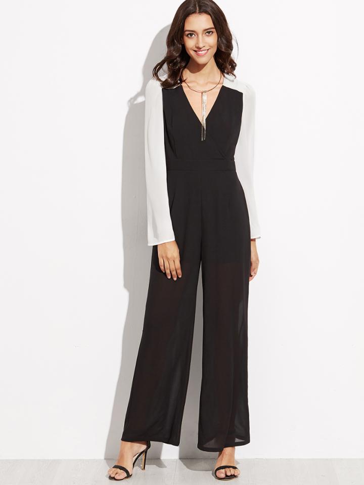 Shein Black Contrast Sleeve Wide Neck Jumpsuit