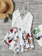 Shein Floral Print Lace Paneled Criss Cross Backless Romper