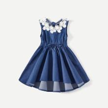 Shein Girls Contrast Lace Knot Back Dip Hem Denim Dress