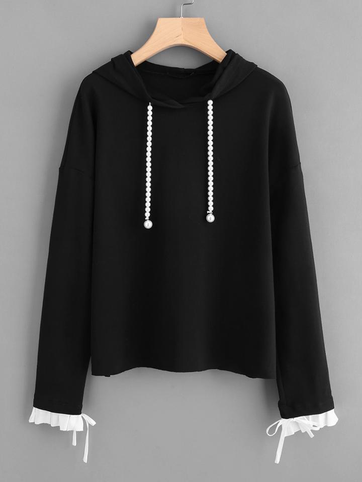 Shein Contrast Pleated Cuff Pearl Drawstring Hoodie