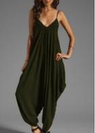 Rosewe V Neck Green Spaghetti Strap Jumpsuit