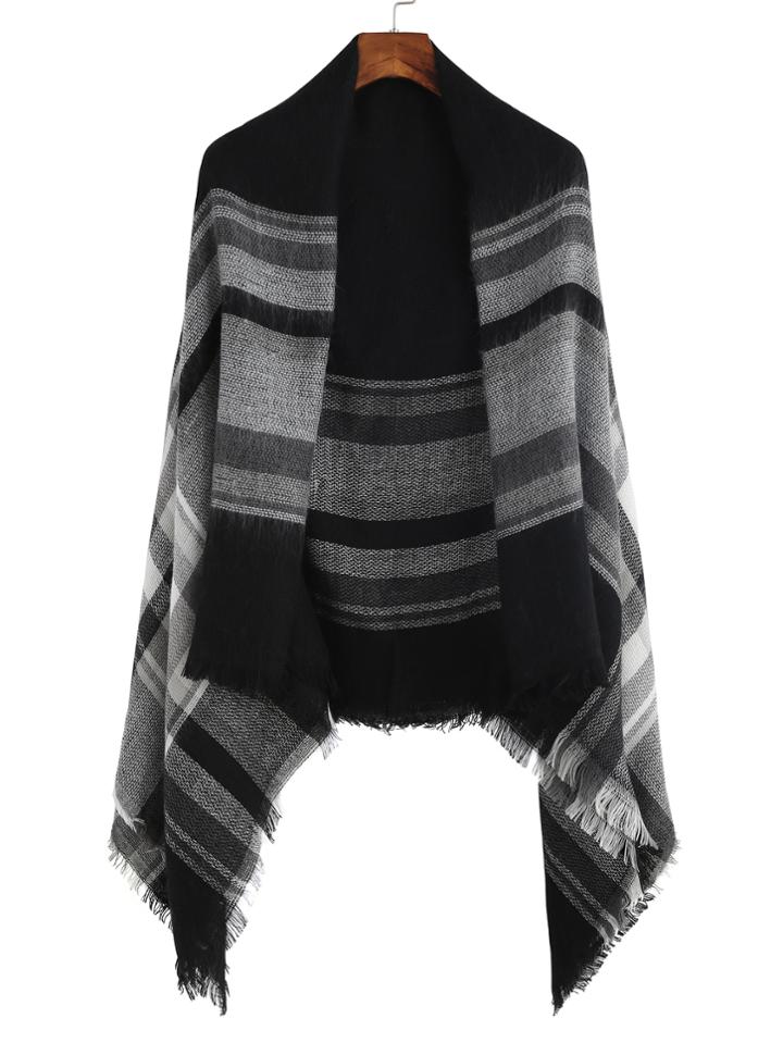 Shein Black Stripe Plaid Raw Edge Shawl Scarf