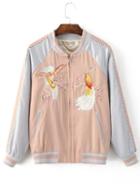 Shein Pink Crew Neck Bird Embroidery Pocket Jacket