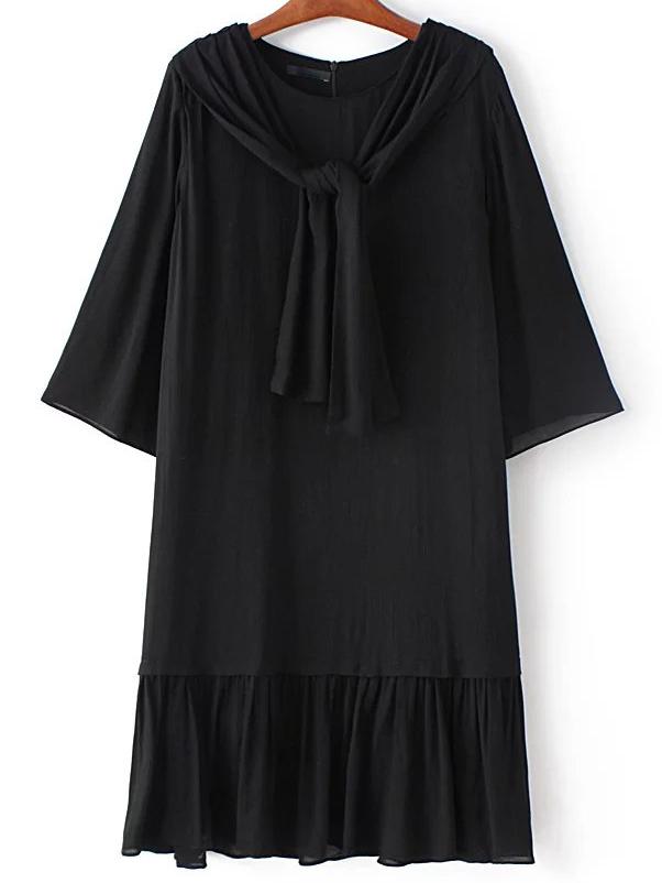 Shein Black Zipper Self Tie Plain Dress