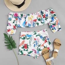 Shein Floral Print Off-shoulder Top & Shorts