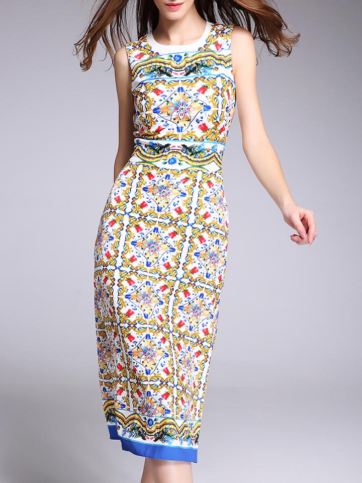Shein Multicolor Crew Neck Backless Print Shift Dress