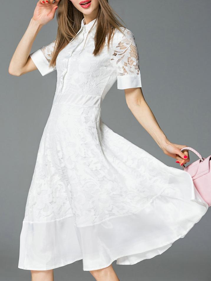 Shein White Lapel Knee Length A-line Lace Dress