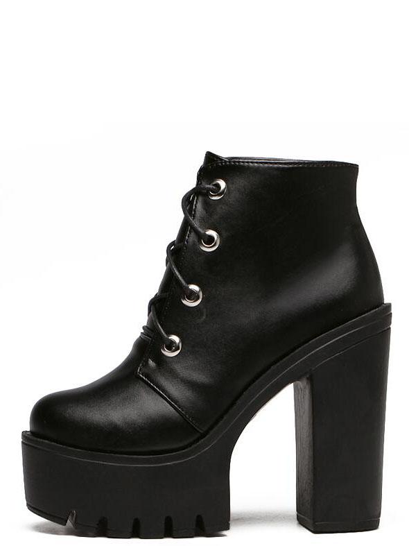 Shein Black Faux Leather Lace Up Chunky Platform Shoes