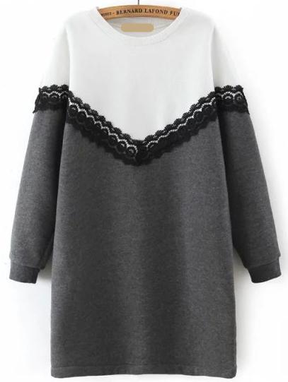 Shein Colour-block Round Neck Lace Sweatshirt Dress