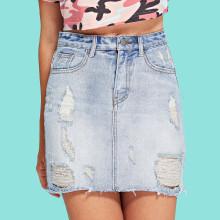 Shein Raw Hem Ripped Bleach Wash Denim Skirt
