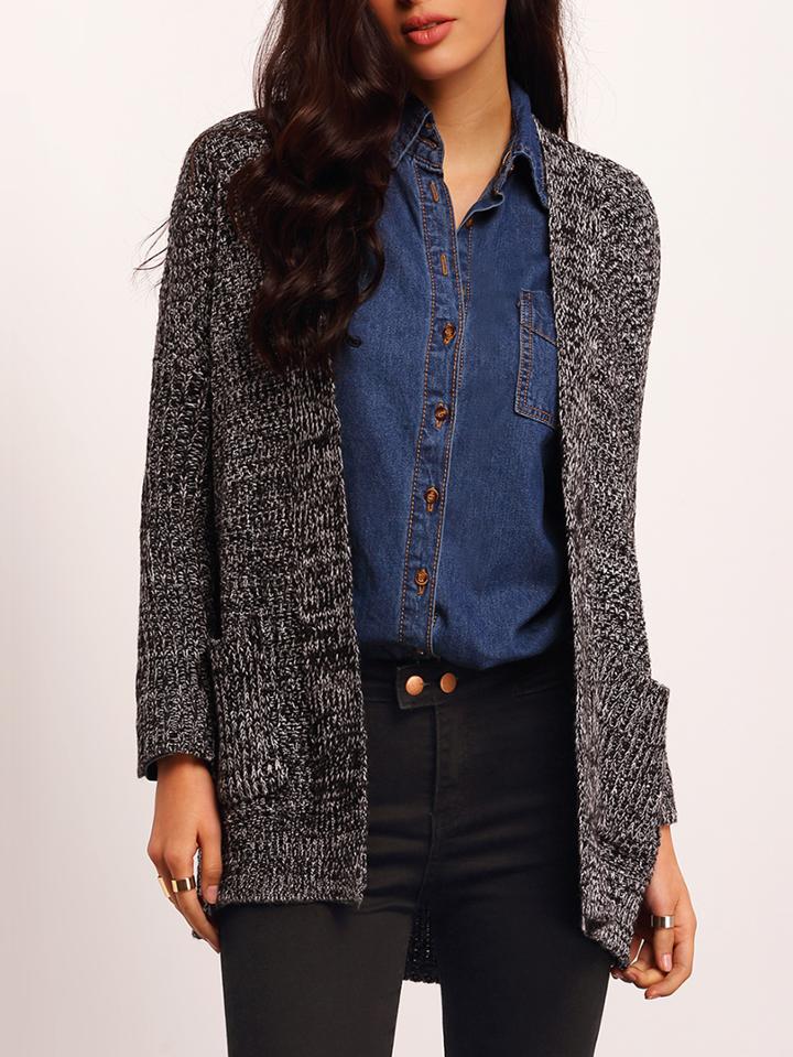 Shein Black Long Sleeve Pockets Coat Sweater
