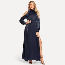 Shein Cold Shoulder Bishop Sleeve M-slit Satin Dress