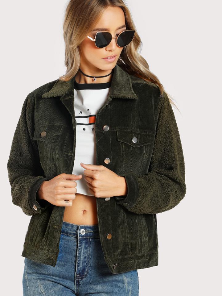 Shein Cord Jacket With Fleece Sleeve