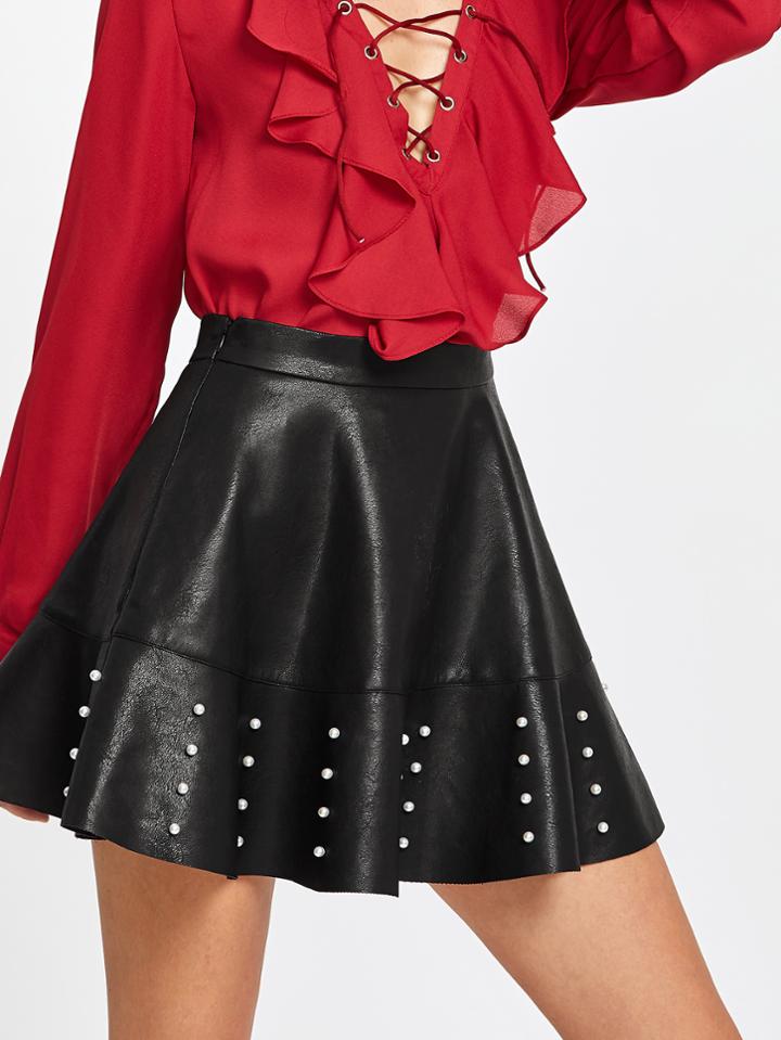 Shein Pearl Embellished Raw Hem Flared Pu Skirt