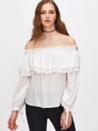 Shein White Off The Shoulder Tie Sleeve Layered Ruffle Top