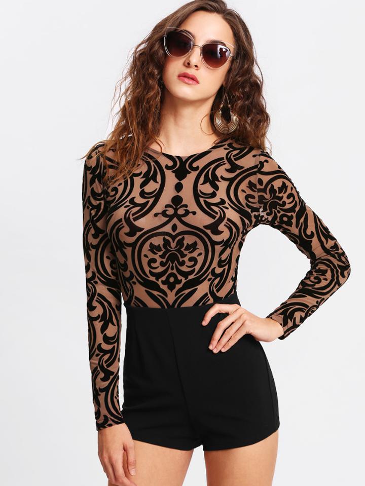 Shein Flocked Mesh Bodice Fitted Romper
