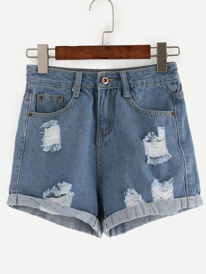 Shein Ripped Roll Hem Blue Denim Shorts