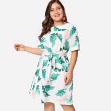 Shein Plus Leaf Print Dress With Belt