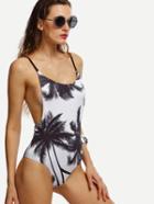 Shein White Coconut Tree Print Lace-up One-piece Swimwear