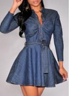 Rosewe Long Sleeve Belt Design Denim Blue Skater Dress