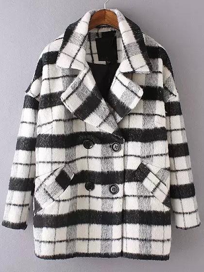 Shein Color-block Lapel Double Breasted Plaid Coat