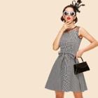 Shein Houndstooth Contrast Mesh Belted Dress