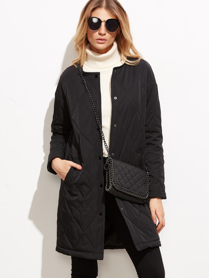 Shein Black Quilted Collarless Single Breasted Coat