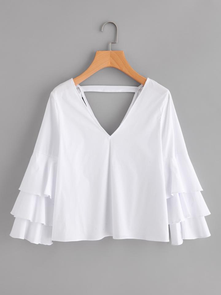 Shein Double V Tiered Fluted Sleeve Blouse