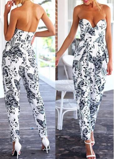 Rosewe Open Back Leaf Print White Jumpsuit
