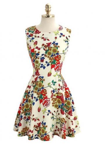 Rosewe Pastoral Round Neck Sleeveless A Line Colorful Chiffon Dress