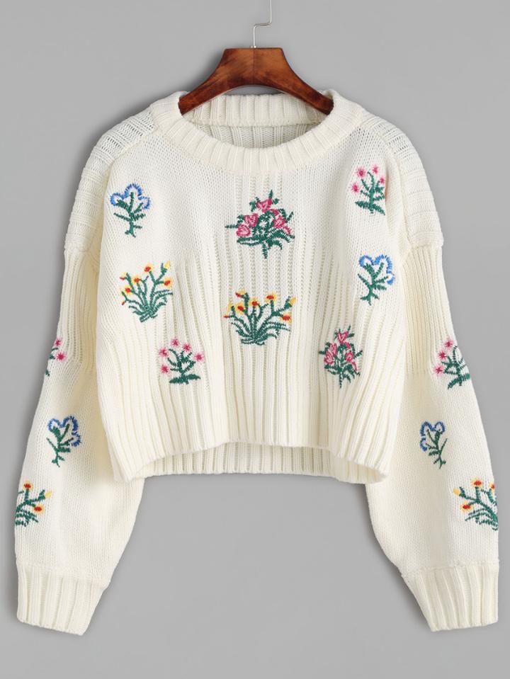 Shein Beige Flower Embroidered Crop Sweater