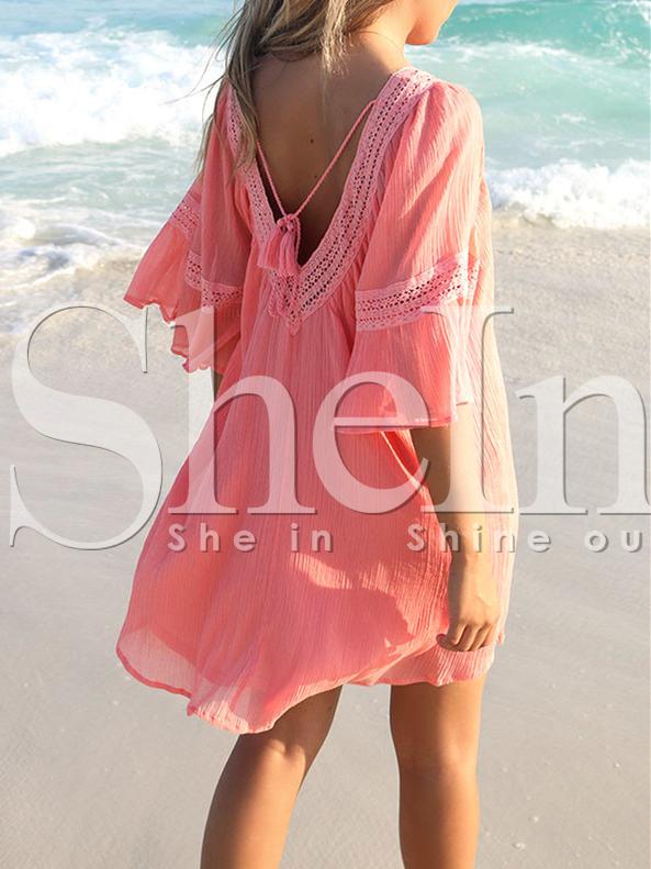 Shein Red Half Sleeve With Lace Backless Dress