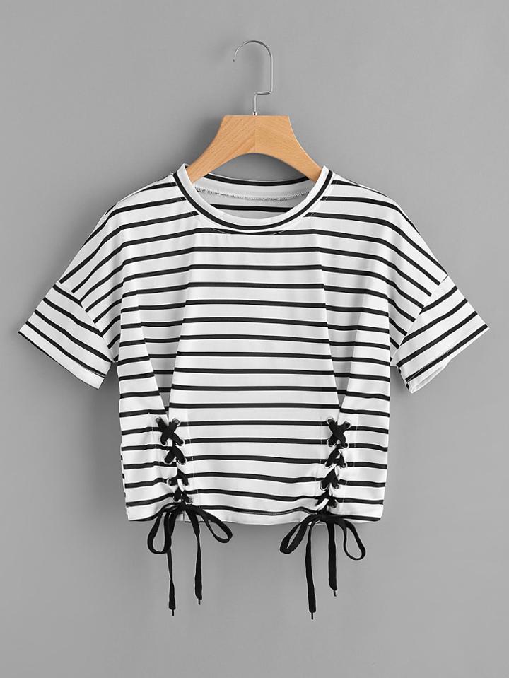 Shein Striped Grommet Lace Up Dropped Shoulder Top