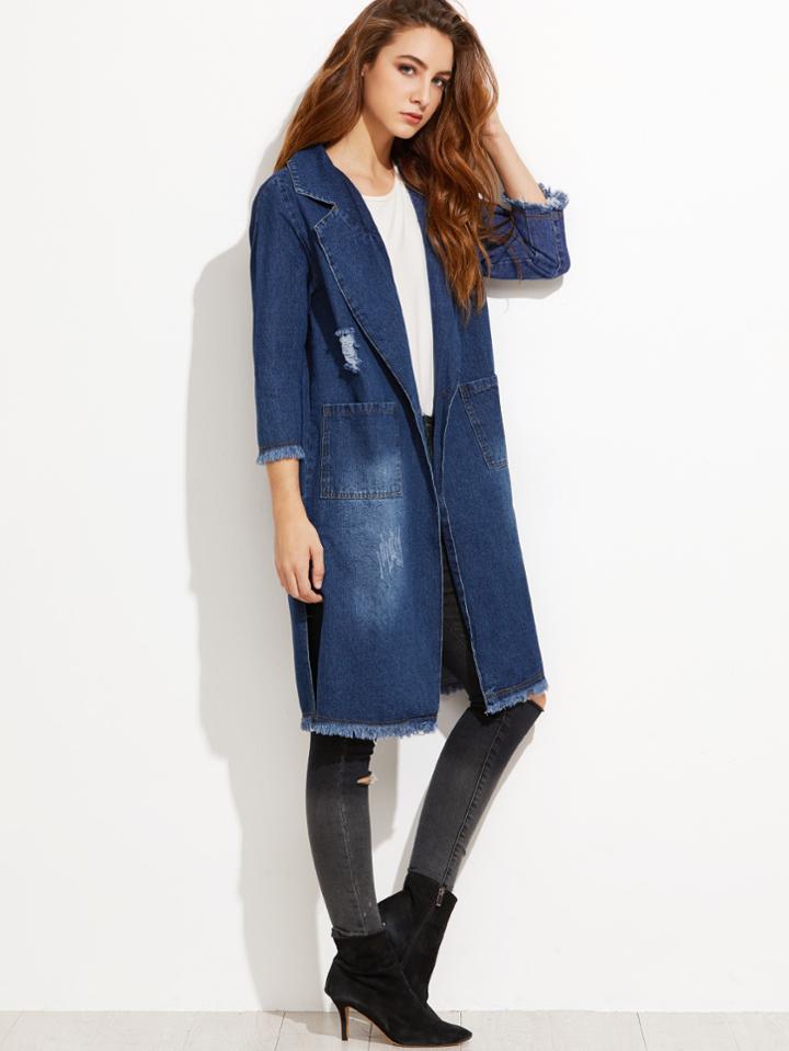 Shein Blue Ripped Slit Side Raw Hem Denim Long Coat