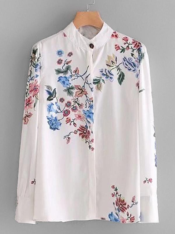Shein Band Collar Floral Blouse