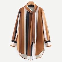 Shein Tie Neck Striped Dip Hem Blouse