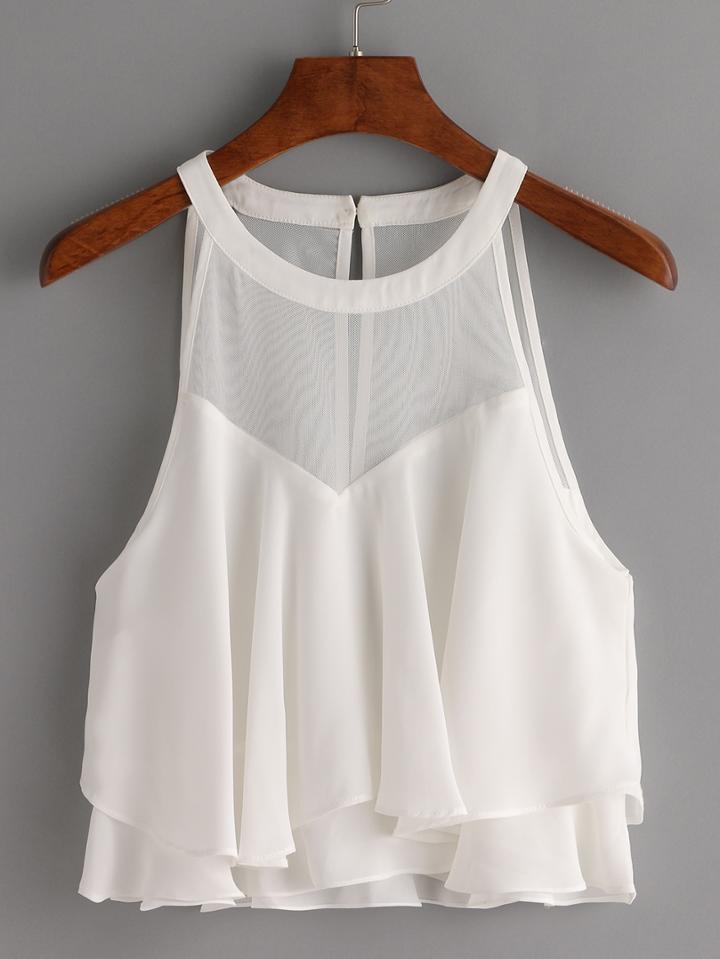 Shein Mesh Halter Neck Layered Chiffon Top - White