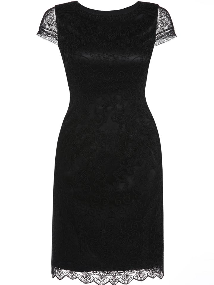 Shein Black Crew Neck Embroidered Lace Sheath Dress
