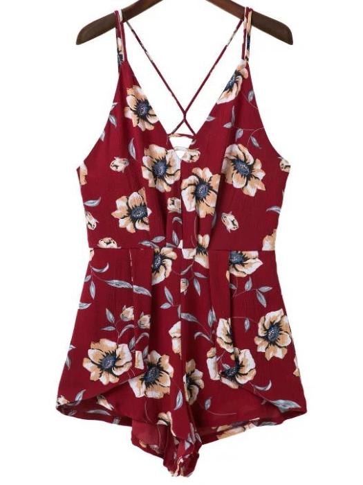 Shein Flower Print Criss Cross Zipper Back Playsuit