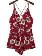 Shein Flower Print Criss Cross Zipper Back Playsuit
