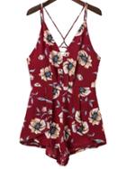 Shein Flower Print Criss Cross Zipper Back Playsuit