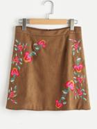 Shein Flower Embroidery Zipper Back Suede Skirt