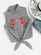 Shein Rose Embroidered Knot Front Striped Shirt
