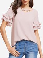 Shein Pink Crisscross V Neck Layered Ruffle Sleeve Top