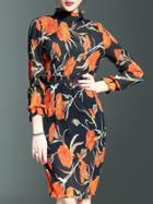 Shein Orange Ruffle Collar Long Sleeve Elastic Waist Print Dress
