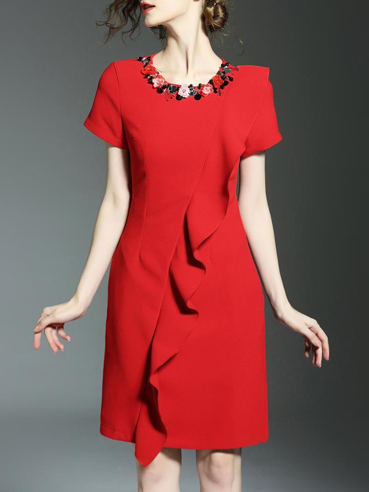 Shein Red Beading Ruffle Pockets Sheath Dress
