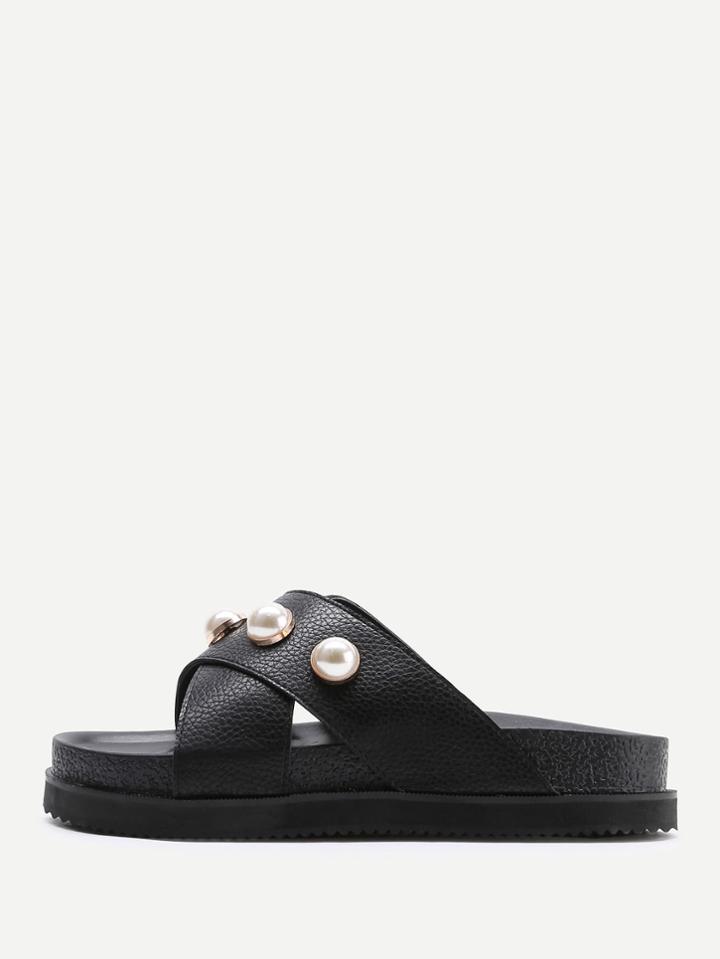 Shein Faux Pearl Detail Criss Cross Flatform Sandals