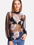 Shein Flower Appliques Mesh Blouse With Bra